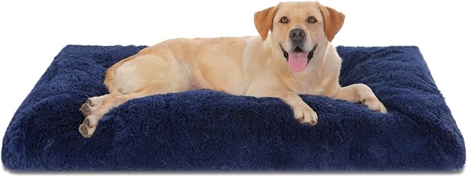 Bedfolks Waterproof Dog Crate Bed, Plush Dog Pad, 47"x29", Solid Dark Blue | Faux Fur Plush Cover, Zippered Removable Washable Outer, Waterproof Inner Lining, Non-Slip Base, Crate Pad and Dog Pillow