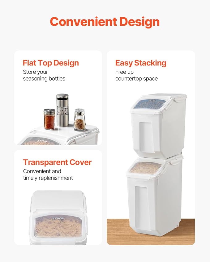 VEVOR Rice Storage Container, 3.5Gal/15Lx2 + 4.5Gal/20Lx2 Large Dog Food Dispenser Bin, Kitchen Ingredient Grain Cereal Bin, Pet food Containers with Wheels, 4 Measuring Cups, Airtight Lid, 4 Pack