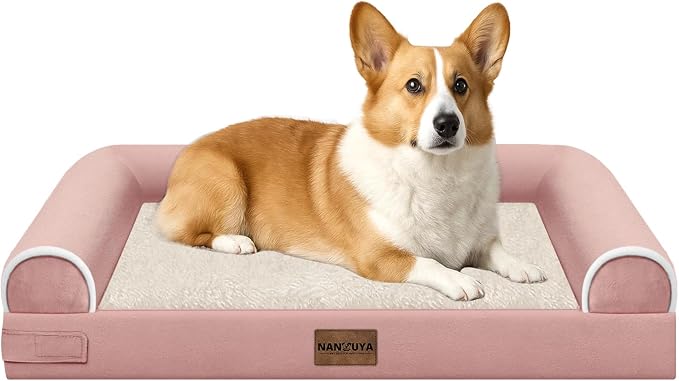 NANUYA Orthopedic Dog Bed for Medium Dogs, 30 x 20 Inch, Pink | Egg crate foam for joint support, 3-sided bolster pet sofa, waterproof lining, washable cover, and non-skid base