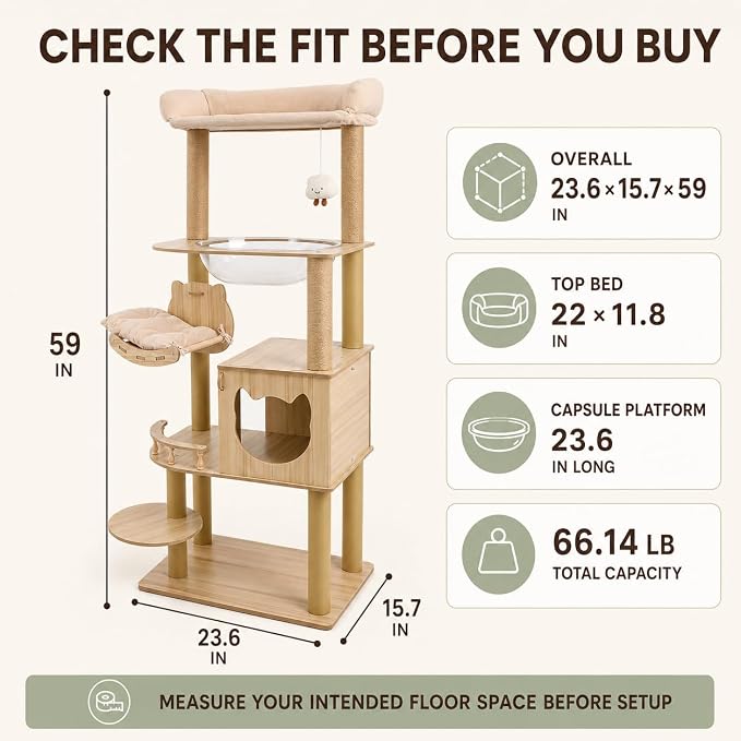 Multi-Level Cat Tree for Indoor Cats, Wooden Cat Tower with Cat House, Scratching Posts, Hammock and Platforms, Natural Wood Cat Furniture