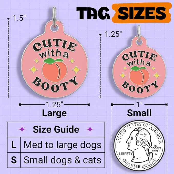 Bad Tags Personalized Dog and Cat ID Tags in 25+ Designs and 2 Sizes - 5 Lines of Custom Engraved Text - Funny Cute Personalized Pet Tags (Cutie with A Booty - Pink, Large (1.25 inch))