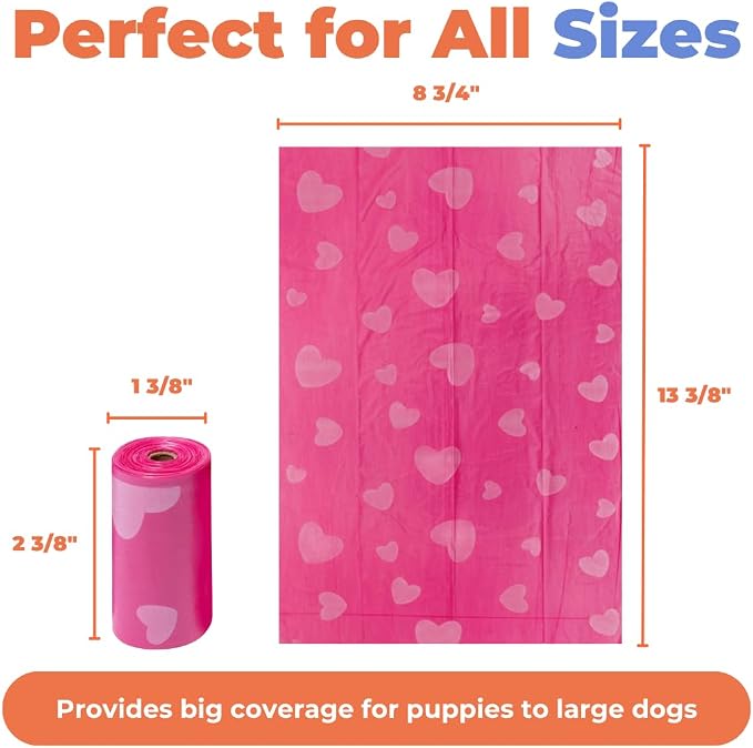 Best Pet Supplies Dog Poop Bags for Waste Refuse Cleanup, Doggy Roll Replacements for Outdoor Puppy Walking and Travel, Leak Proof and Tear Resistant, Thick Plastic - Pink Heart, 150 Bags
