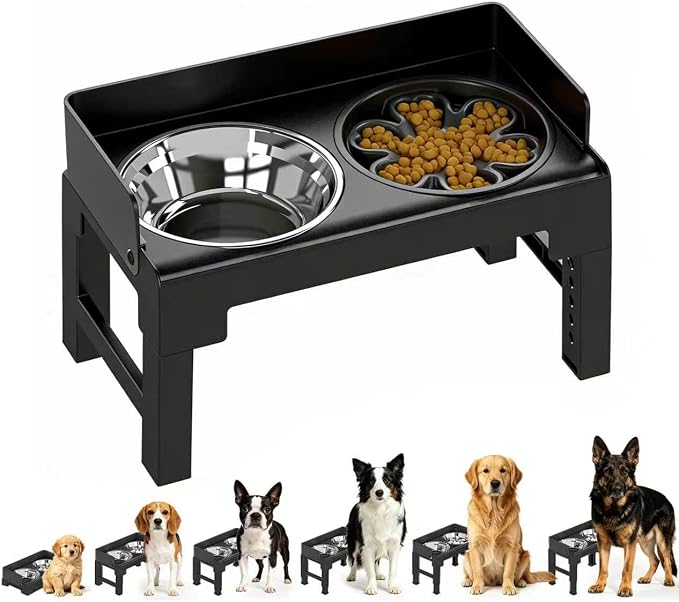 Elevated Dog Bowls for Medium and Large Dogs, Spill-Proof Tiltable Dog Feeder with Slow Feeder Bowl and Stainless Steel Water Bowl, 6-Height Adjustable Raised Dog Bowl Stand