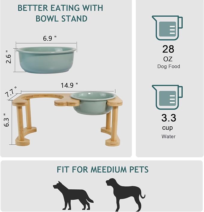 Raised Ceramic Dog Bowl, Elevated Food and Water Feeding Set, Light Green | Pet Dishes For Small and Medium Breeds, 6.9" Wide Double Modern Porcelain Bowls, 6.3" High Wooden Stand, Non-Slip, 28Oz/800ML