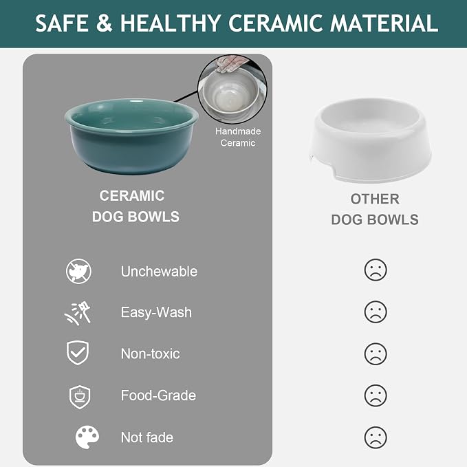 Ceramic Elevated Dog Bowls, Raised Pet Food and Water Bowl Set, Dark Green | Feed Tray For Small and Medium Breeds, 6.9" Wide Double Modern Porcelain Bowls, 6.3" High Wooden Stand, Non-Slip, 28Oz/800ML