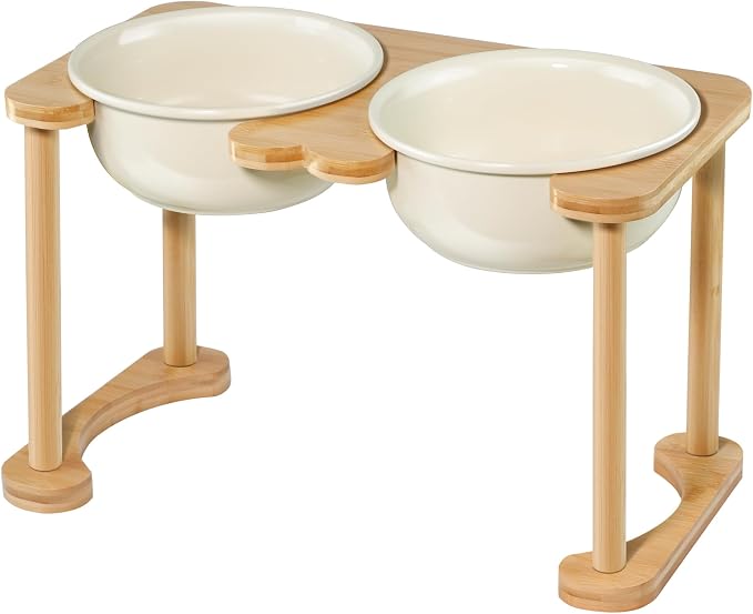 Elevated Dog Bowls for Large Dogs, Ceramic Food and Water Bowl Set, Beige | Raised Pet Feeding Dishes, 8.25" Wide Double Modern Porcelain Bowls, 11" High Wooden Stand, Non-Slip, Easy Clean, 56Oz/1600ML