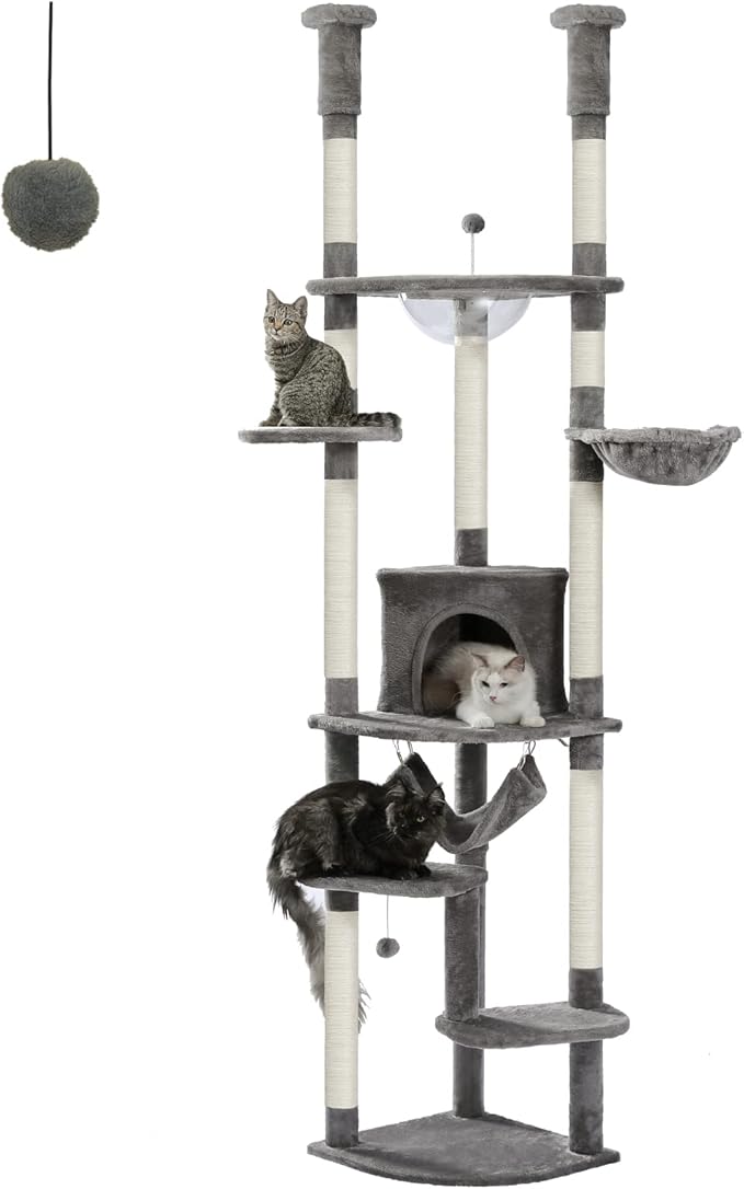 PEQULTI Floor to Ceiling Cat Tree, 92.9-101.6in Adjustable Cat Tower, Gray | Adjustable tower braces floor to ceiling; cozy condo, large hammock, perches & 9 sisal posts on fan base with anti-tip strap