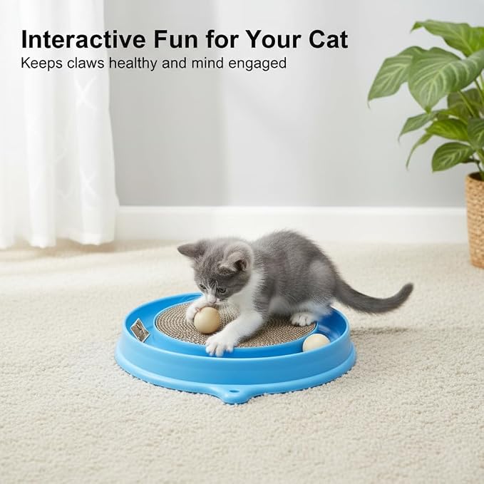 AUOON Cat Scratcher Toy with Ball Track - 3 in 1 Interactive Cat Toy, Cat Scratch Pad with Cat Ball Toy and Plush Cat Mouse Toy for Indoor Cats and Kittens (Blue)