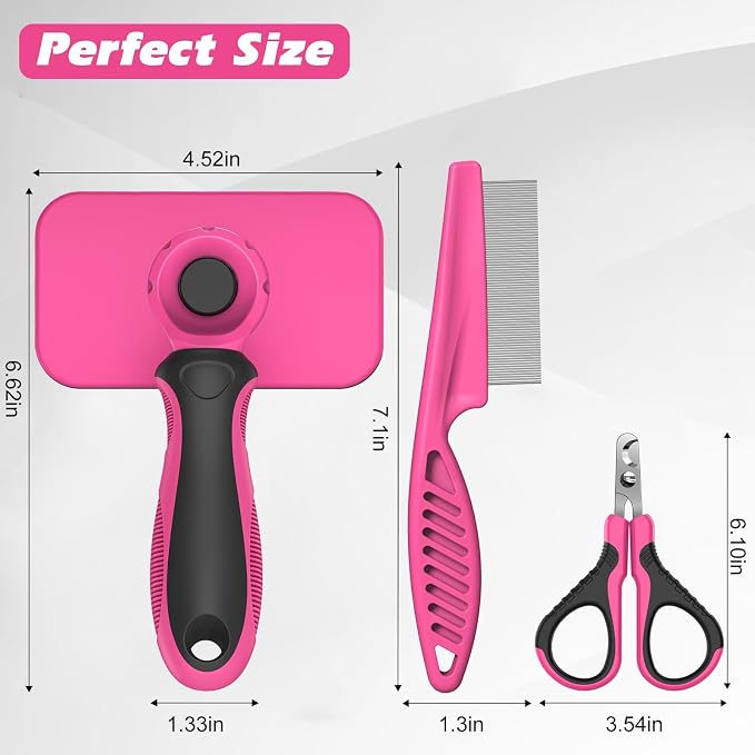 3PCS Cat Grooming Supplies, Cat Brush & Nail Clipper/Trimmer & Flea Comb for Shedding Indoor Cats Essentials Stuff Accessories (Pink)