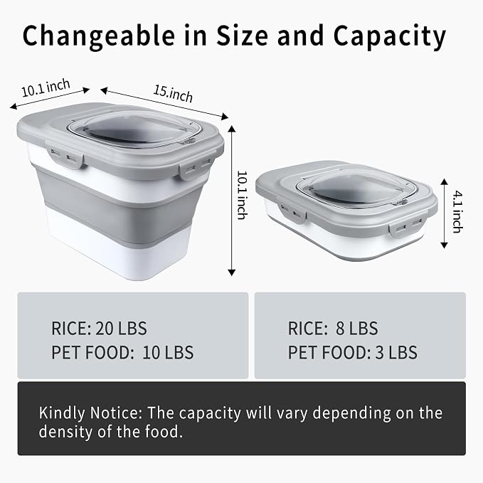 Rice Storage Container, Collapsible Airtight Food Storage Containers 6-20 Lbs, Rice Dispenser with Measuring Cup and Small Bin for Flour Cereal Pasta Grain, Cat Pet Dog Bird Food Container