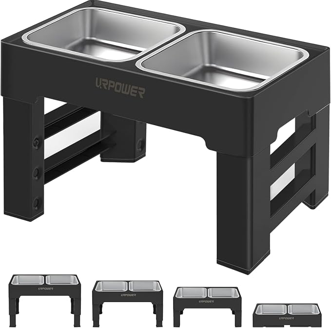 URPOWER Raised Dog Bowls 4 Height Adjustable Elevated Bowl Stand | Stainless Steel Water Bowl Non-Slip Dog Food Bowls Stand for Small Medium Large Dogs and Pets