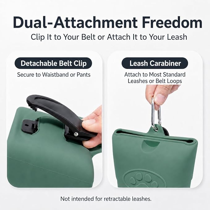 Upgraded Dog Treat Pouch with Strong Magnetic Closure - Small Silicone Training Bag, Waist-Mounted Clip & Leash Carabiner, Airtight Portable Treat Bag (Dark Green)