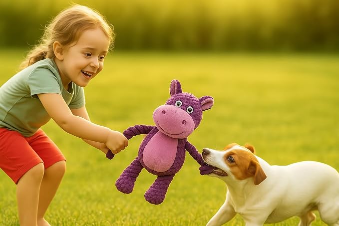 Plush Hippo Dog Toy with Rope Arms, Squeaky Interactive Pet Toy, Purple, for Small & Medium Dogs