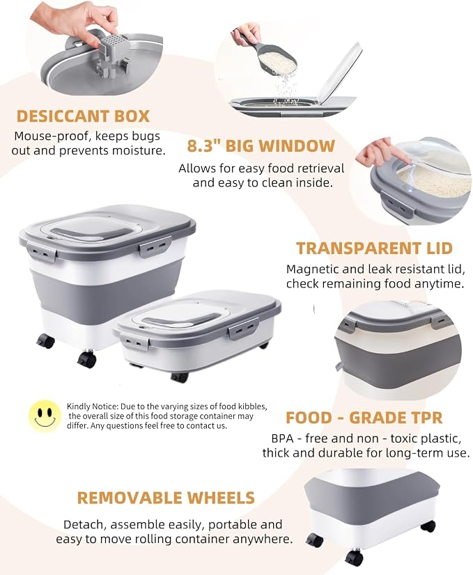 20-30 Lbs Rice Storage Container,Collapsible Food Storage Containers | Flour Storage Container with Wheels Airtight Locking Lid,Rice Container with Cup and Scoop,Suitable for Rice,Pet Food,Flour