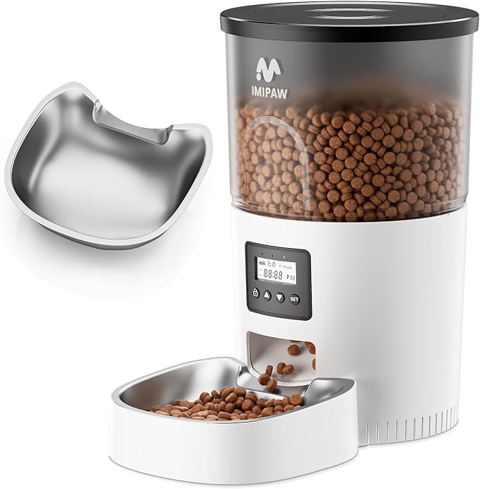 IMIPAW Automatic Cat Feeder, 3L Timed Pet Dry Food Dispenser with Clog-Free Design, Auto Feeder for Cats, 1-6 Meals Per Day, Desiccant Bags, with Stainless Steel