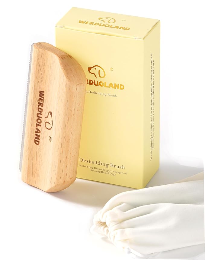 Deshedding Brush for Dogs and Cats, Wooden Ergonomic Handle | For short, long, double-coated dogs and cats. Gently removes loose undercoat without scratching. Wooden ergonomic grip.