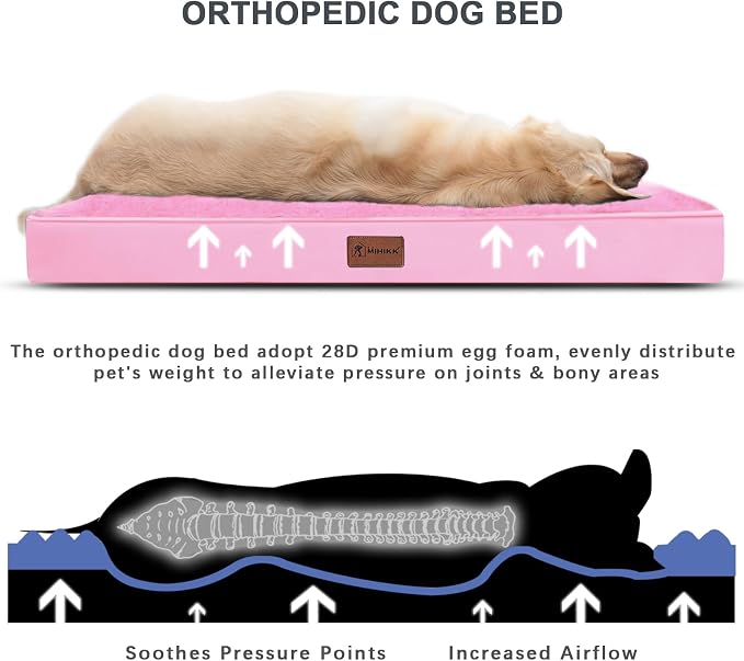 Waterproof Large Size Dog Crate Bed Orthopedic 41x27 Pink | Removable Washable Cover, Egg Crate Foam, Soft Plush Flat Pet Mat, Non-Slip Bottom, Fits Large Dogs Up to 90 lbs