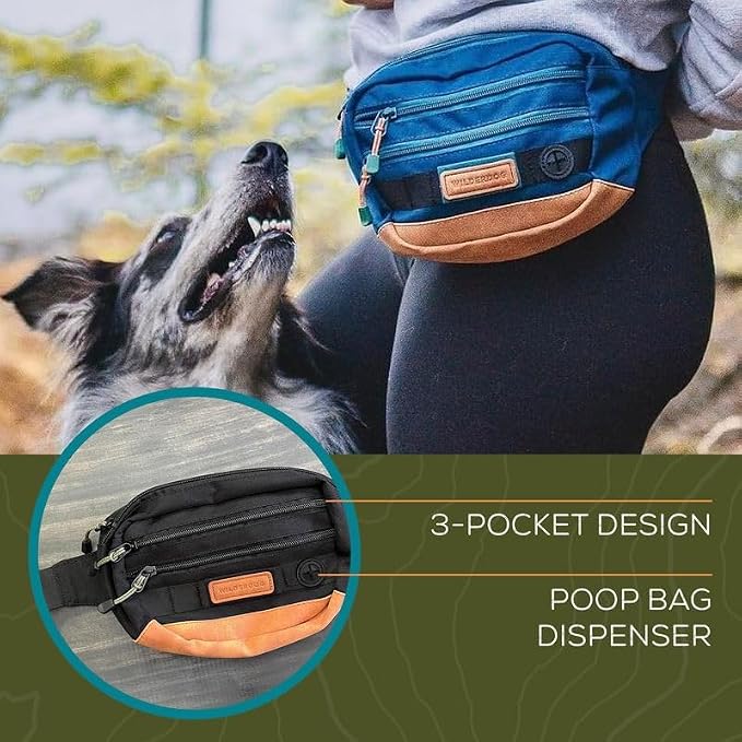 Wilderdog Utility Fanny Pack stores Treats, Balls, Keys in 3 Pockets with adjustable strap and Poop Bag dispenser (Black)