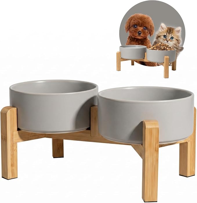 Elevated Ceramic Dog Bowl Set - Raised Feeding Bowls with Non-Slip Bamboo Stand - Small Pet Dishes for Food and Water - Ideal for Cats and Puppies - 16.23 OZ - 2 Cups - 480 ML