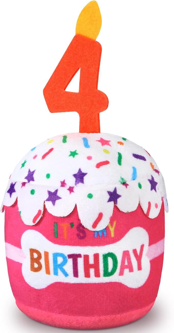 Dansydaisy Dog Birthday Cake Toy Squeaky Plush Toy for Girl Boy Gifts, Chew Accessories for Dog Birthday Party Decor Favor for Large, Medium and Small Dogs(4th,Pink)