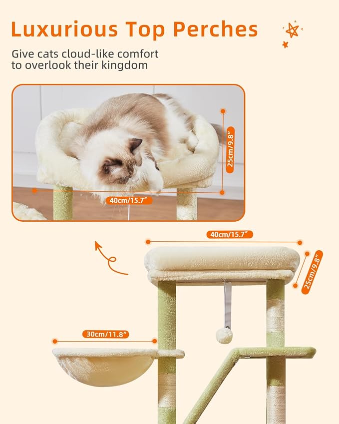 Taoqimiao Cat Tree, 38.5In Cat Tower for Indoor Cats, Suitable for Kittens | Thick Padded Top Perch, Luxurious Cat Condo, Adjustable Basket, 1-Piece Ramp Scratcher, 3 Sisal Posts, Green & Beige MS029SGB
