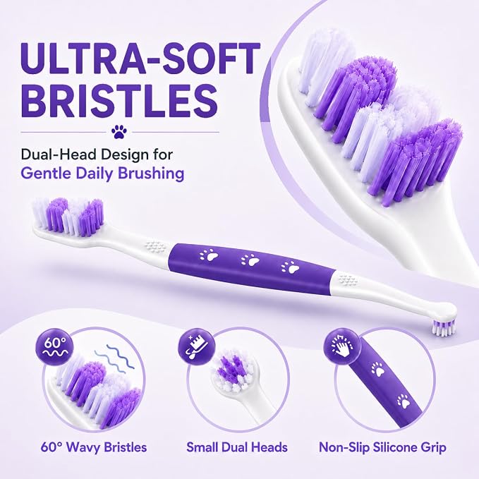 Dog Toothbrush, Dual-Head, for Medium Large Dogs, Purple | Soft Bristles for Gentle Cleaning ,60° Curved Bristles for Better Coverage ,Comfortable for Sensitive Gums
