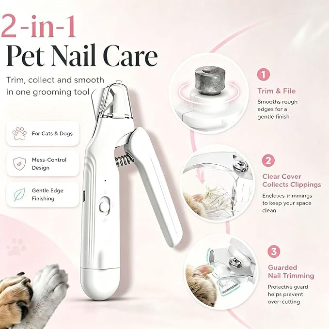 2‑in‑1 Dog & Cat Nail Clipper Grinder with 2 LED Lights, Safe Painless Pet Nail Trimmer Avoid Cutting Bloodline, Quiet Type‑C Rechargeable for Medium Small Dogs Cats Small Animals