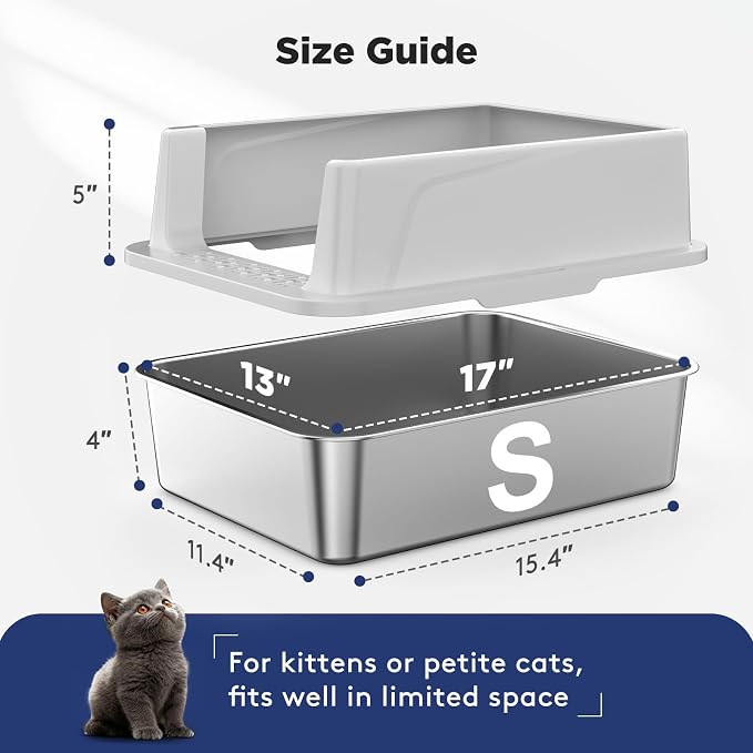FURTIME 2 Pack Stainless Steel Cat Litter Box with Lid, Metal Kitty Litter Box for Small Cats, Kitten Litter Boxs with Non-Sticky, Anti-Leakage, Easy to Clean, 17"x13"x8.4" (Small)