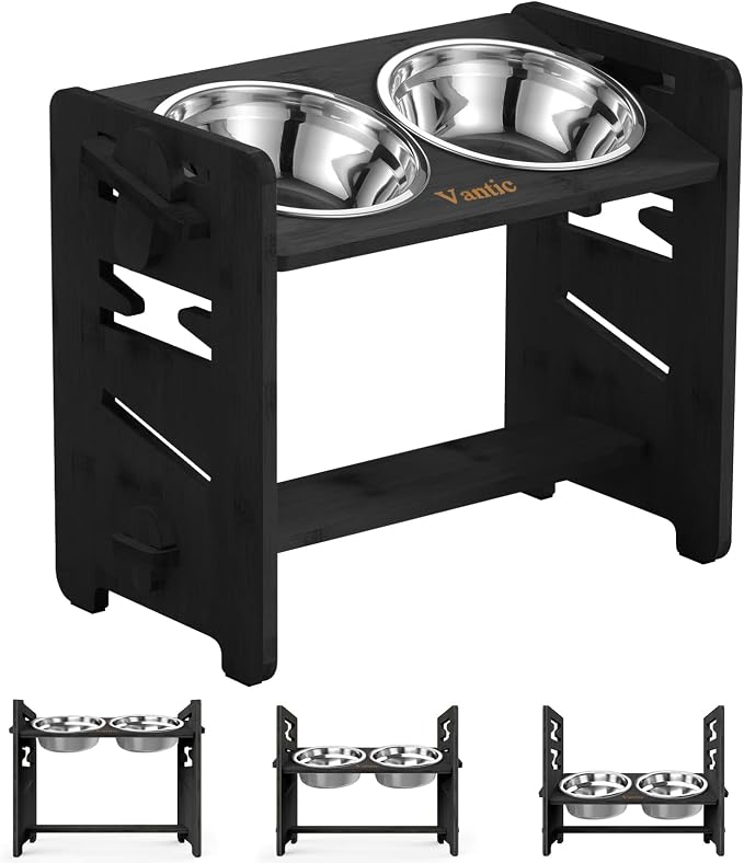 Elevated Dog Bowls, Raised Dog Bowl Stand Adjustable Medium, Black | Bamboo Elevated Feeder with 2 Stainless Steel Bowls, Adjustable Height Stand for Medium Dogs
