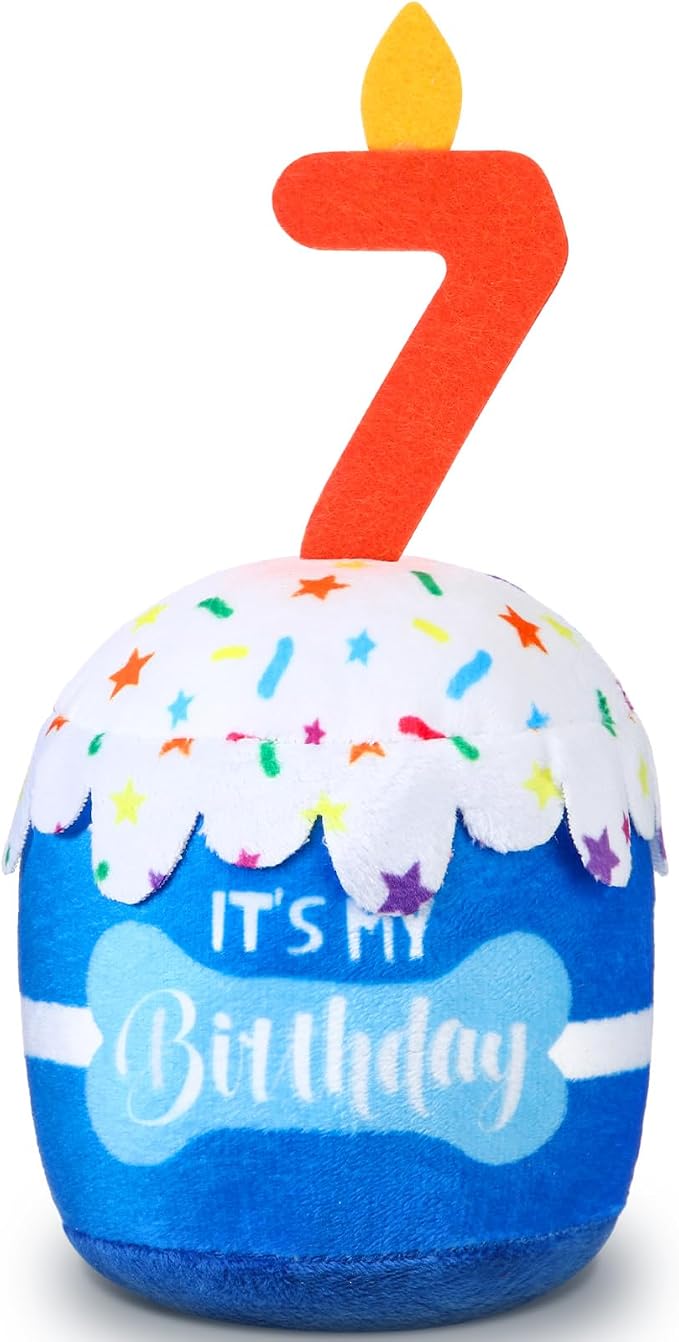 Dansydaisy Dog Birthday Cake Toy Squeaky Plush Toy for Girl Boy Gifts, Chew Accessories for Dog Birthday Party Decor Favor for Large, Medium and Small Dogs(7th,Blue)