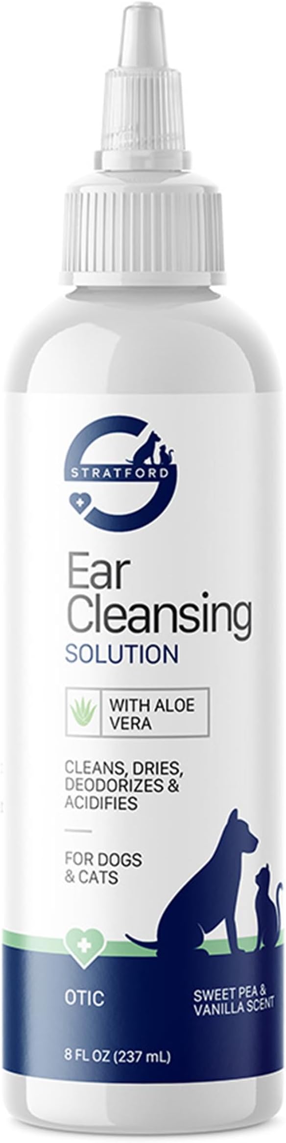 Ear Cleansing Solution - Sweet Pea Vanilla - 8oz | Ear Cleaner & Drying Solution for Dogs & Cats w/Aloe Vera to Wash Debris and Wax - Odor & Irritation Relief