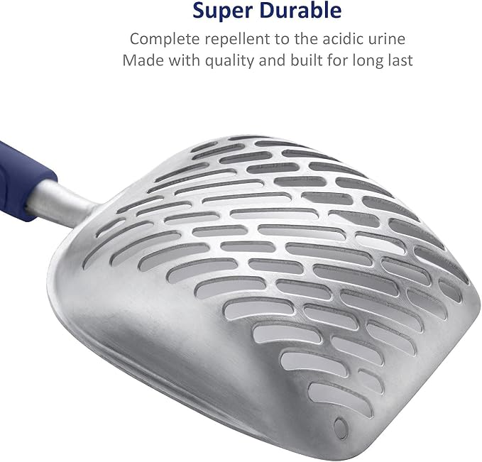WePet Cat Litter Scoop, Aluminum Alloy Sifter, Kitty Metal Scooper, Deep Shovel with Diagonal Sifting Hole, Long Handle, Kitten Poop Lifter for Litter Box, Medium Size, Blue Handle