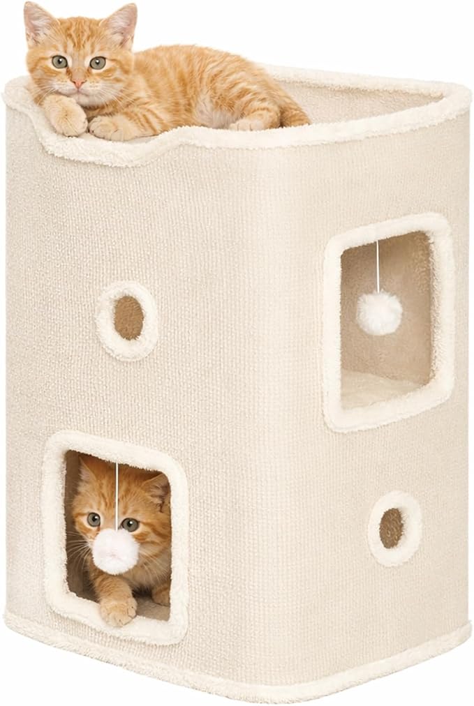 Cat House, Cat Beds for Indoor Cats, 2-Story Cat Condo Cube | Cat Bed Cave with Scratch Pad and Fluffy Ball Hanging, Multi-Level Cozy Hideout Center Ideal for Small/Medium Cats