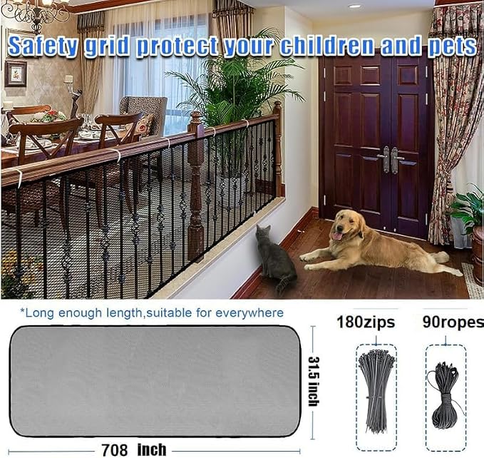 Baby Gate for Stairs, Banister Guard for Kids, Pets, Toys, 59ft L x 2.66 ft H, Mesh Netting Safety Net for Balcony Rail Stair, Stairway Net Baby Safety Products for Indoor & Outdoor (Black)