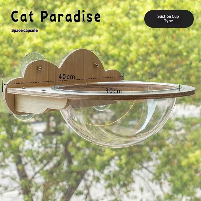 Cat Paradise Space Capsule Window Cat Bed, Suction Cup Mount, Clear Acrylic Bowl with Wood Shelf, 20kg Load Capacity