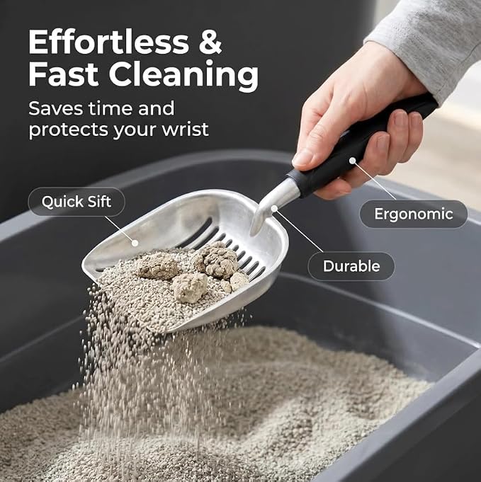 Heavy Duty Cat Litter Scoop with Holder, Stainless Steel Kitty Litter Scooper Caddy for Litter Box, Aluminum Speed Sifter Captures All Clumps