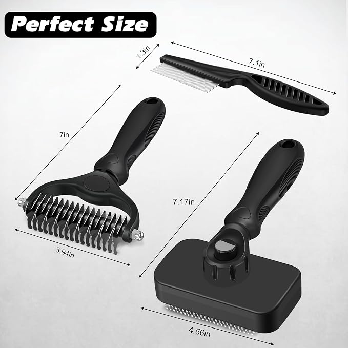 Professional 3PCS Self Cleaning Slicker Brush & Pet Grooming Rake & Flea Comb for Dogs,Cats and Horses | Double-Sided Dematting Comb & Skin Friendly Deshedding Grooming Tool | Pet Supplies (Black)