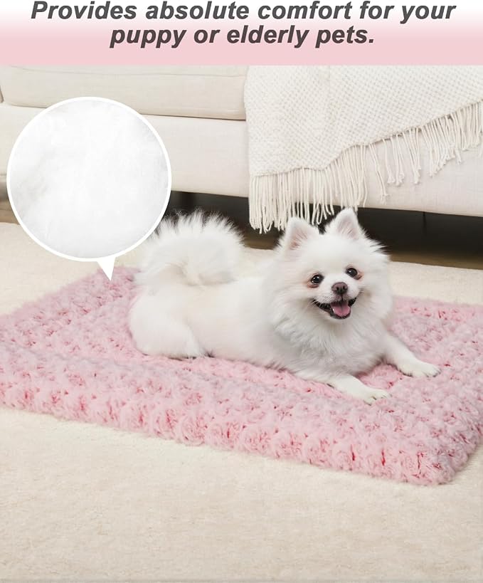 Exsnugy Washable Dog Bed Mat Medium Size Fluffy Pet Crate Pad 36x23 | Non-Slip Bottom Kennel Beds Ultra Soft Comfy Sleeping Mattress for Large Medium Small Dogs Pink