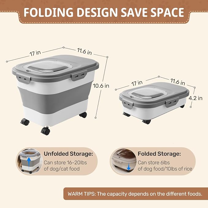 SEWIU Dog Food Storage Container Up to 2pack*20LB,Collapsible Dog Food Container with Travel Silicone Bowl and Scoop for Dog/Cat/Bird Food/Cat litter,Keep Dry Food Fresh,Easy to Move.