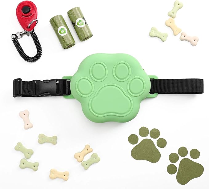 Dog Treat Pouch with Training Clicker and 2 Poop Bags, 1.8 Cup Small Sealable Zipper Silicone Fanny Pack with Waist Belt, Pet Puppy Training & Walking Essentials (Green)