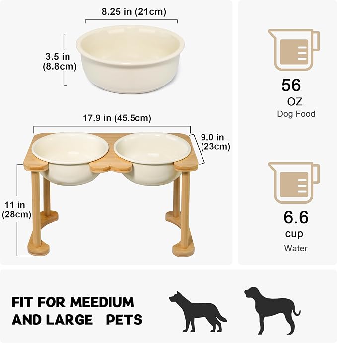 Elevated Dog Bowls for Large Dogs, Ceramic Food and Water Bowl Set, Beige | Raised Pet Feeding Dishes, 8.25" Wide Double Modern Porcelain Bowls, 11" High Wooden Stand, Non-Slip, Easy Clean, 56Oz/1600ML