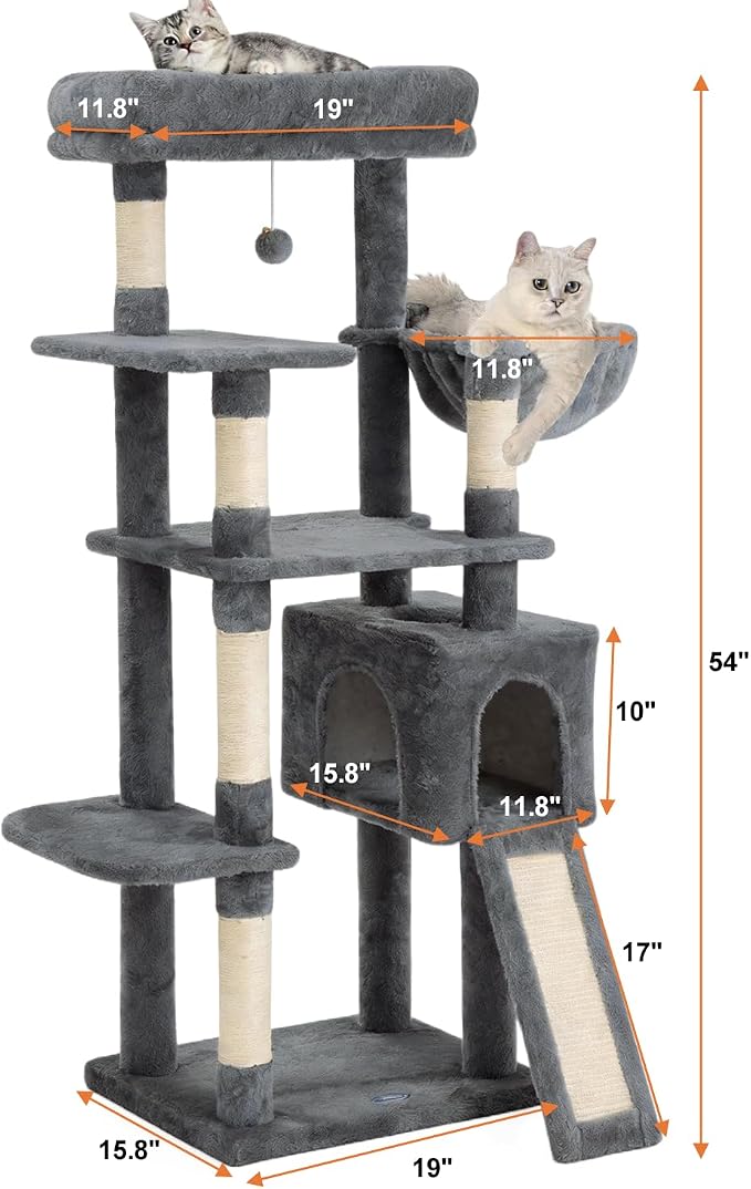 54 Inches Cat Tree, Tall Cat Tower with Hammock, Condo and Scratching Pad, Cat House with Plush Perch for Indoor Cats Adult