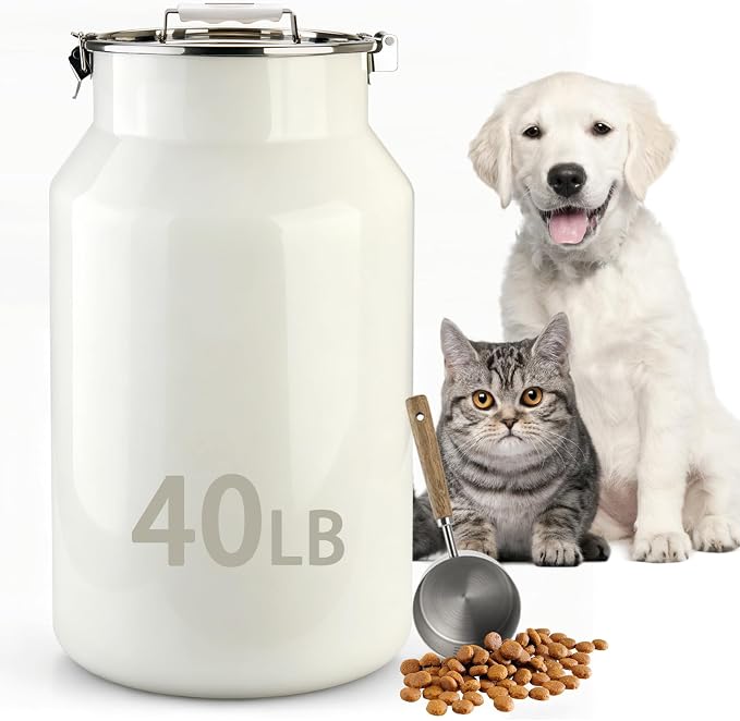 Dog-Cat Food Storage Container 40 lb, Large Stainless Steel Bin | 38 Qt 304 stainless steel bin holds up to 40 lb of dry pet food; silicone-sealed airtight lid; 1-cup wood-handled scoop.
