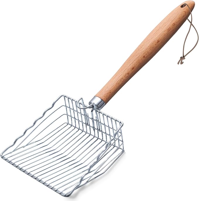 Cat Litter Scoop, 9.8" Long Handle, Metal Scooper for Litter Box | 0.3-inch Gap, Wooden handle, with Hook and Hole, Stainless Steel, Easy Cleaning, Durable, Heavy Duty, Odor-Free, Cats, dogs