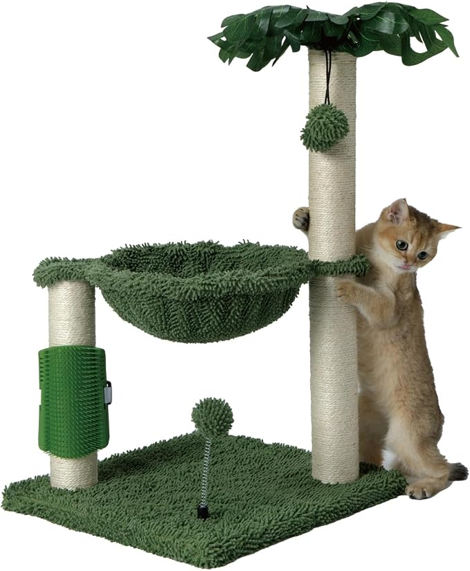MECOOL Small Cat Tree Tower Scratching Post with Hammock for Indoor Kittens and Small Cats up to 7lb,Self-Massage Bursh Hanging Ball Toys,Monstera deliciosa Green