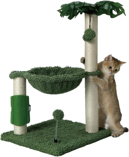 MECOOL Small Cat Tree Tower Scratching Post with Hammock for Indoor Kittens and Small Cats up to 7lb,Self-Massage Bursh Hanging Ball Toys,Monstera deliciosa Green
