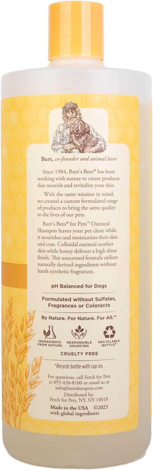 Burts Bees for Pets Oatmeal Dog Shampoo, Honey Scent, 32 Fl Oz Bottle | Colloidal oatmeal and honey, pH-balanced formula, soothing, itchy and sensitive skin