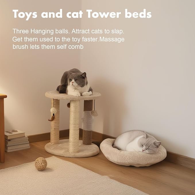 MECOOL 4in1 Small Cat Tree,Scratching Post with Tower Soft Bed, Sisal Carpet Jute Posts with Three Hanging Ball Toys and Massage Brush for Indoor Cats and Kittens