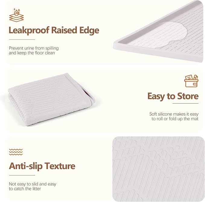 Silicone Cat Litter Box Mat 34'' x 22'' Cat Mat with Toy, White | Extra Large Litter Mat with lip, Non-Slip Waterproof Cat Litter Mat Litter Trapping Mat for Floor, Easy to Clean