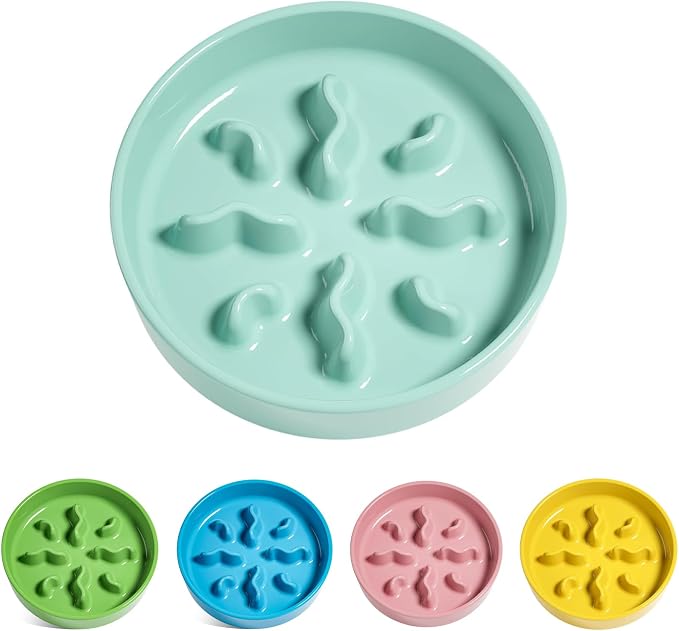 Ceramic Slow Feeder Dog Bowls Small Breed, 0.5 Cups Dog Food Dish for Fast Eaters, Puzzle Bowl for Small Dogs and Cats, 5.5 Inch-Turquoise